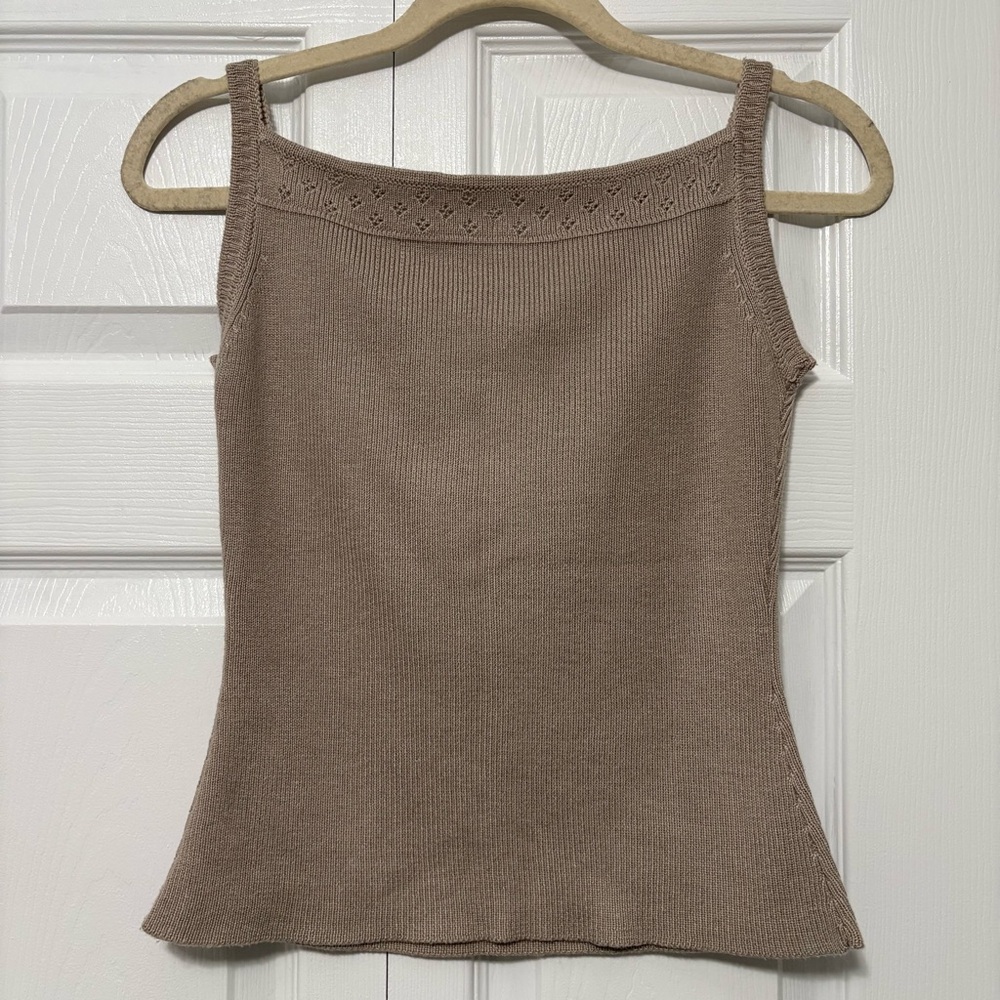 Coquette Staple Flower Details Women's Tan Square Neck Knit Tank Top Cami Small